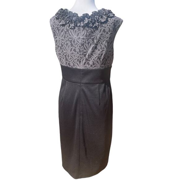 London Times Ruffle-Neck Cap-Sleeve Gray/Black Floral-Top Sheath Dress - Picture 3 of 11